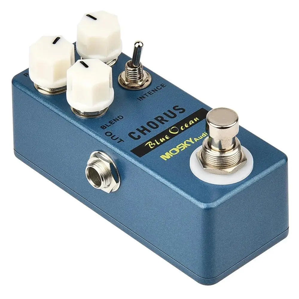 Moskyaudio Blue Ocean Chorus Pedal with 3 knobs, metal casing, and 9V power input. Ideal for adding depth and dimension to guitar tones.