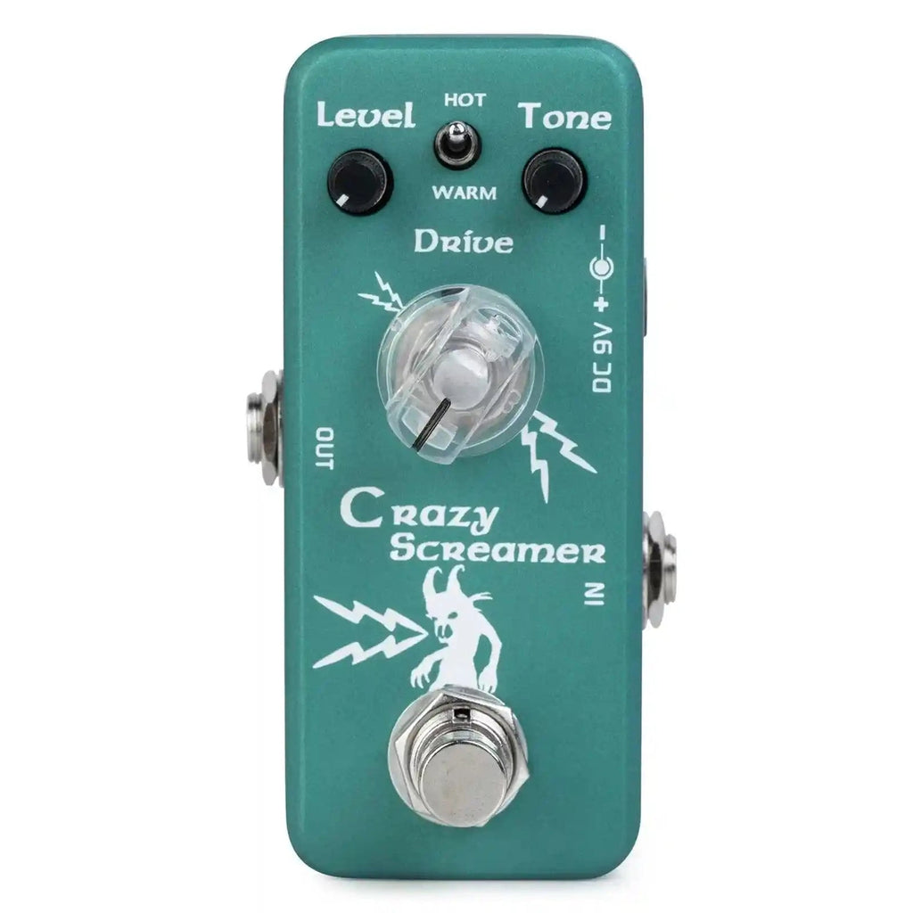 Movall MP-315 Crazy Screamer overdrive pedal with 3 knobs and 2 modes. Compact green design featuring Level, Tone, and Drive controls for versatile guitar tones.