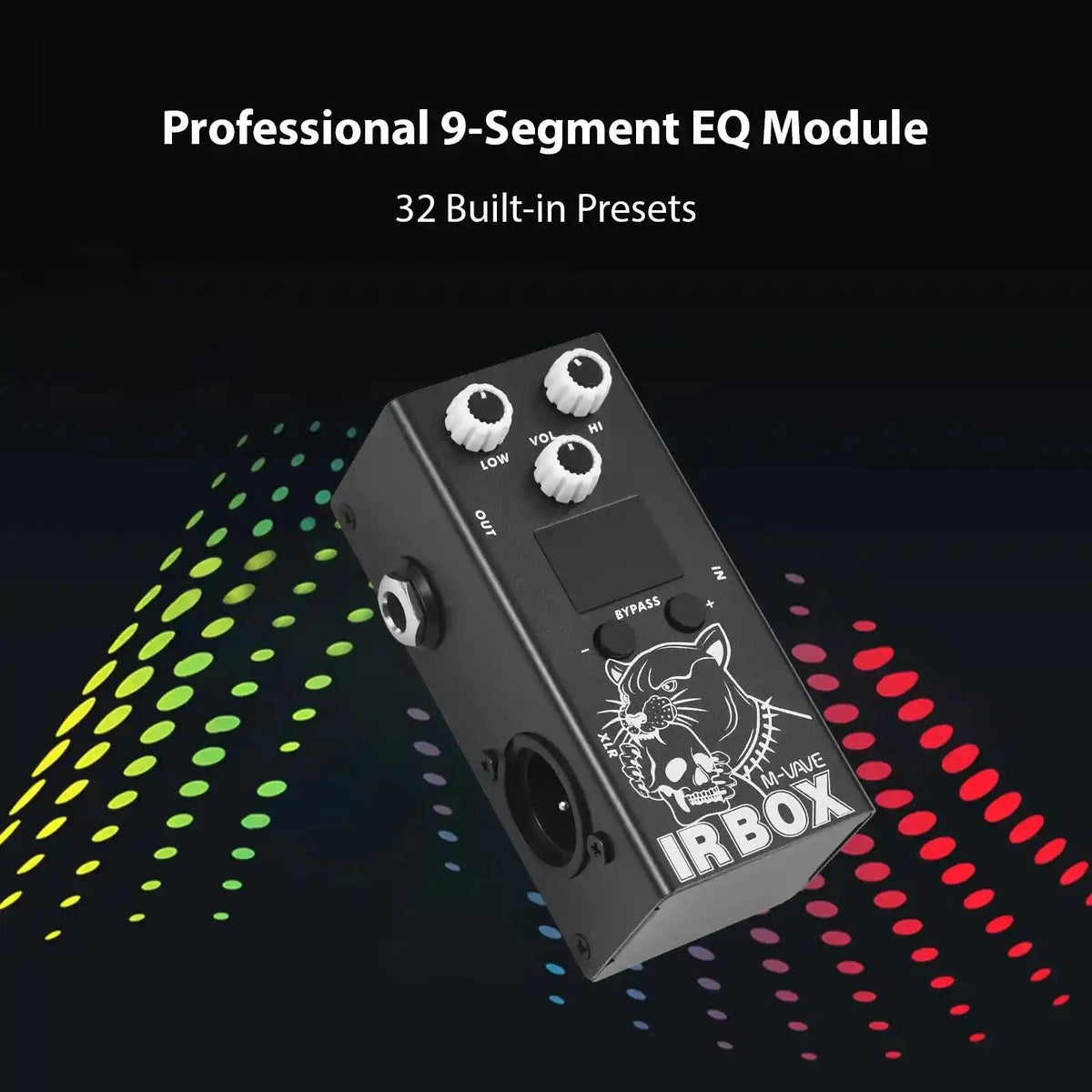 M-VAVE IR Box guitar pedal featuring a professional 9-segment EQ module with 32 built-in presets. Ideal for impulse response and speaker simulation.