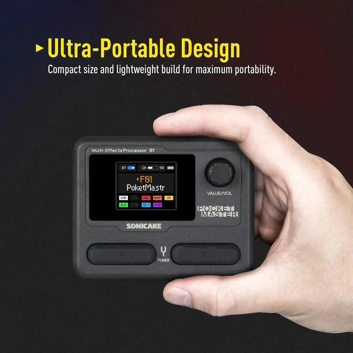 SONICAKE Pocket Master compact multi-effects pedal held in hand, showing 1.77-inch LCD screen and ultra-portable design for guitarists.