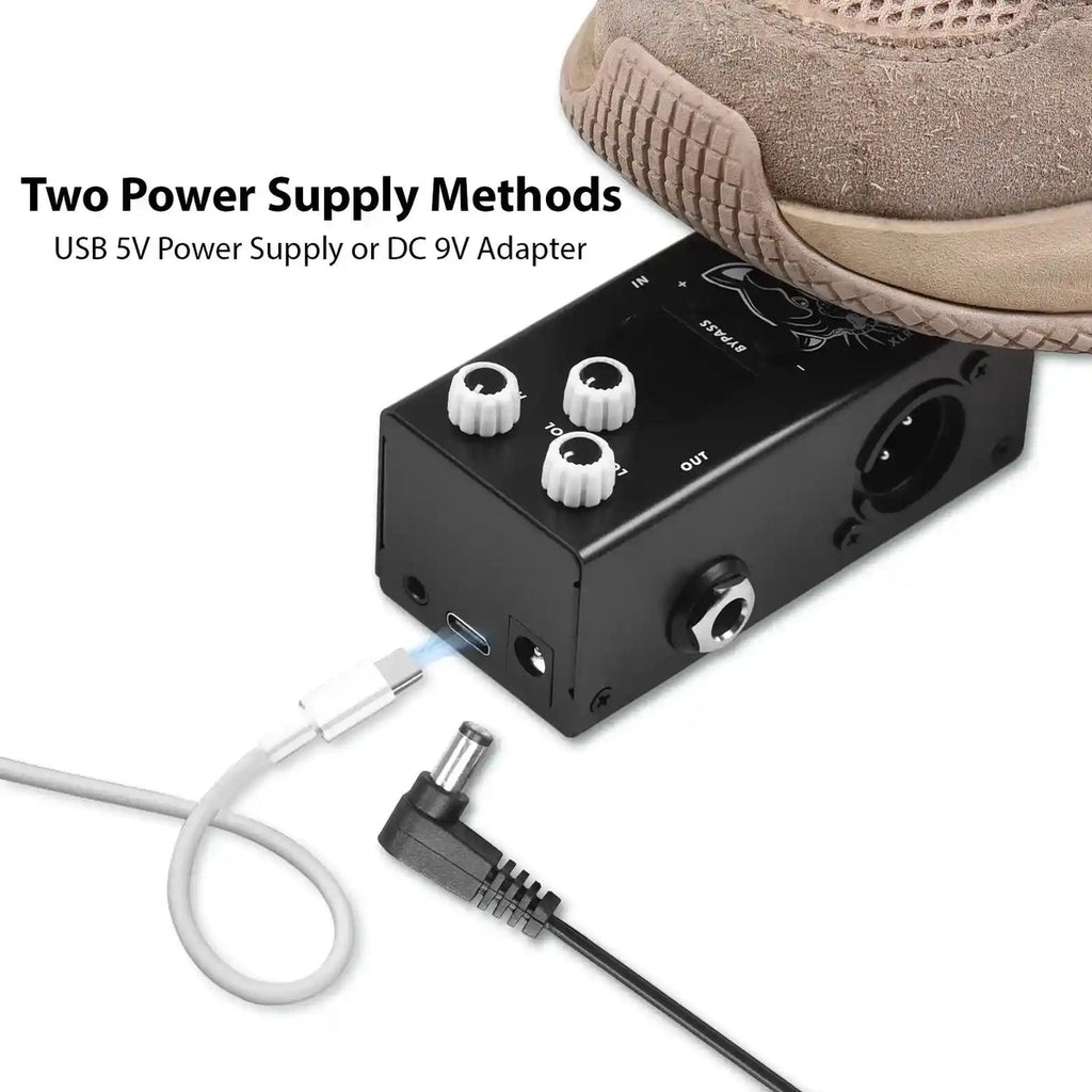 M-VAVE IR Box guitar pedal with dual power supply options, featuring USB 5V and DC 9V adapter compatibility. Compact design with XLR output port.