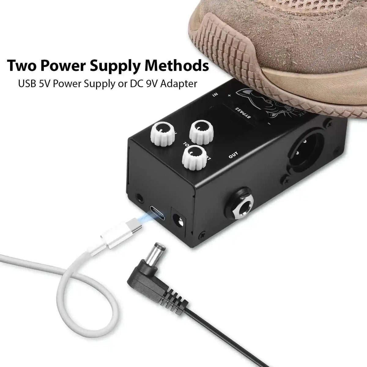 M-VAVE IR Box guitar pedal with dual power supply options, featuring USB 5V and DC 9V adapter compatibility. Compact design with XLR output port.