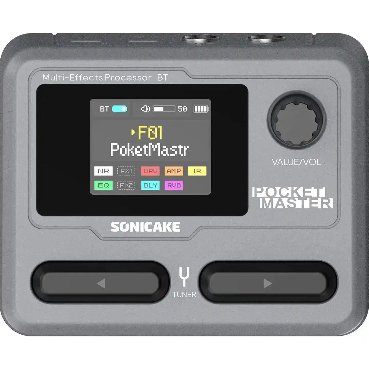 SONICAKE Pocket Master compact multi-effects pedal with 1.77-inch LCD screen, over 100 effects, amp models, and Bluetooth control for guitars.