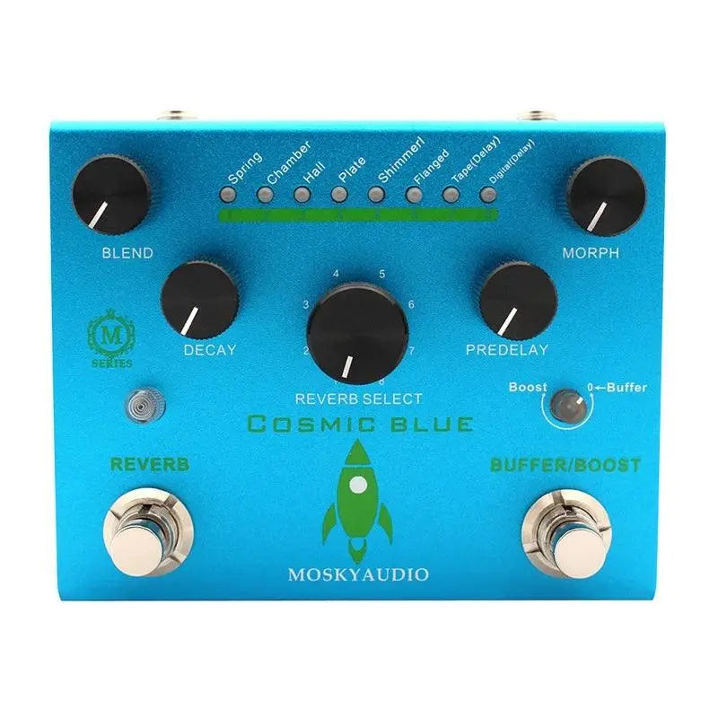 MOSKY Cosmic Blue Reverb Pedal with 8 reverb modes, including shimmer, plate, and hall. Features blend, decay, and pre-delay controls for rich soundscapes.