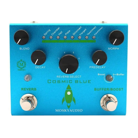 MOSKY Cosmic Blue Reverb Pedal with 8 reverb modes, including shimmer, plate, and hall. Features blend, decay, and pre-delay controls for rich soundscapes.
