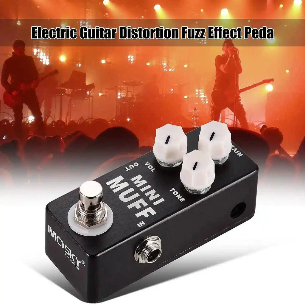 MOSKY Mini Muff fuzz pedal for electric guitar, featuring volume, tone, and sustain controls. Perfect for adding classic fuzz distortion to your sound.