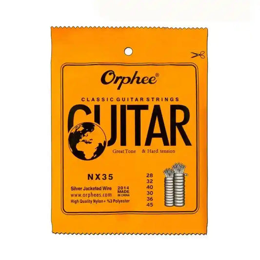 Orphee NX35 classical guitar strings with hard tension, featuring a nylon core and silver wound design for rich tone and durability.