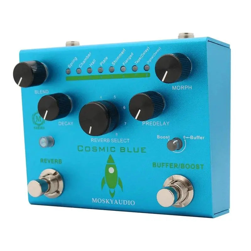 MOSKY Cosmic Blue Reverb Pedal with 8 reverb modes, featuring blend, decay, pre-delay, and morph controls. Ideal for ambient and atmospheric sounds.