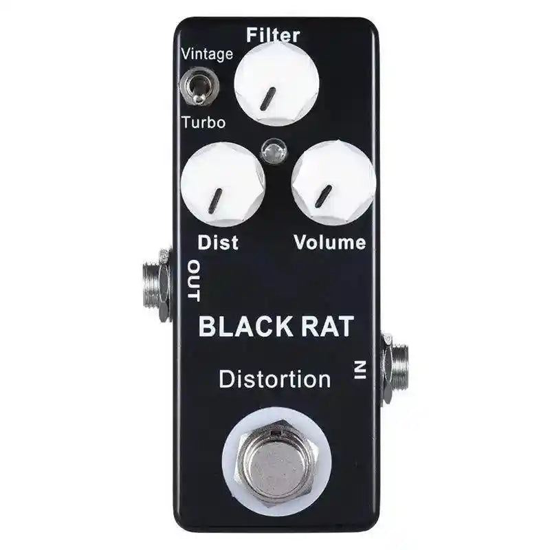 Mosky BLACK RAT distortion pedal featuring dual modes, compact design, and controls for filter, distortion, and volume. Ideal for versatile guitar tones.