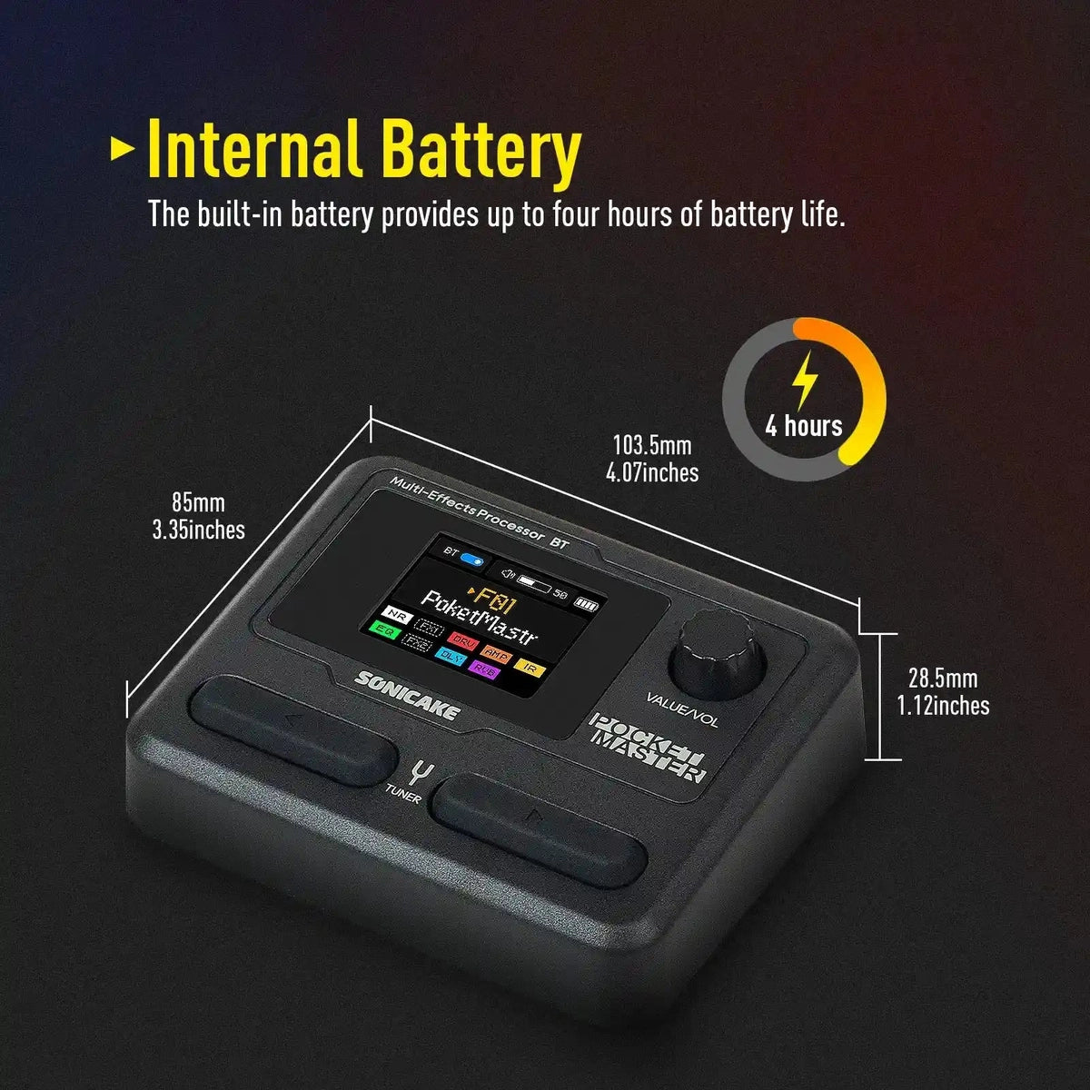 SONICAKE Pocket Master compact multi-effects pedal with 1.77-inch LCD screen and built-in battery offering up to 4 hours of playtime.