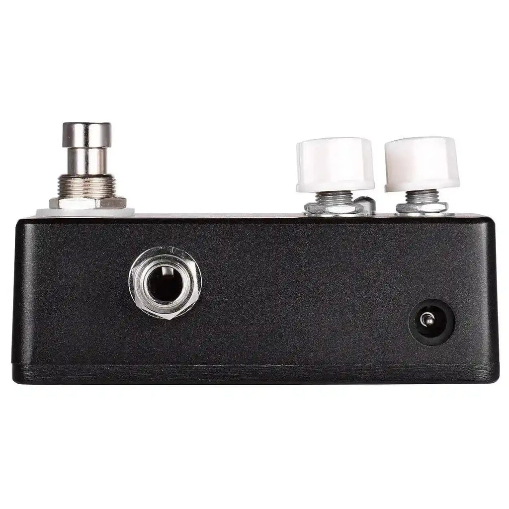 Side view of the MOSKY Mini Muff fuzz pedal, showcasing input and power jacks. Compact design ideal for adding classic fuzz effects to guitar tones.