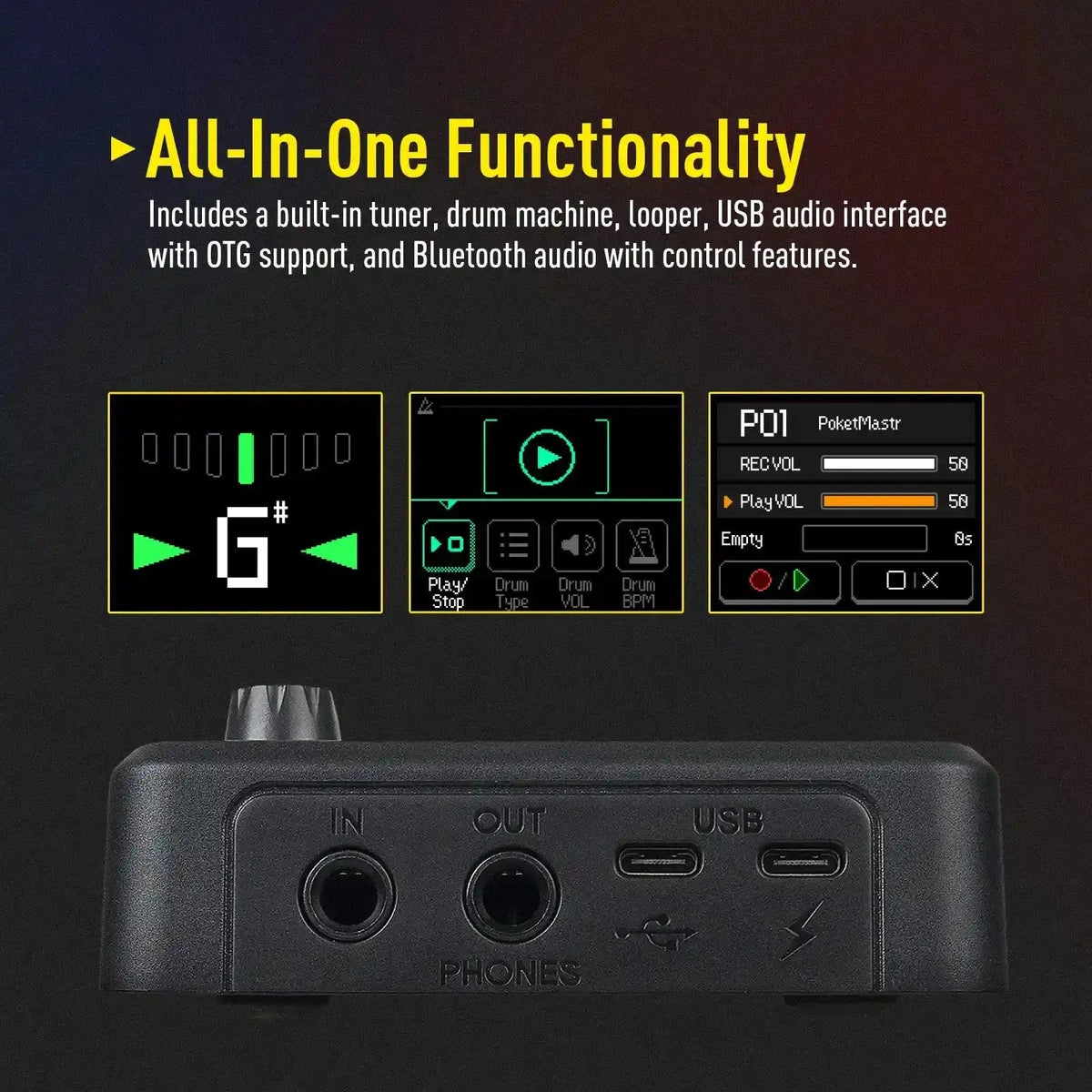 SONICAKE Pocket Master mini guitar bass amp with LCD screen, USB, and headphone ports, showcasing all-in-one functionality with tuner, looper, and Bluetooth control.