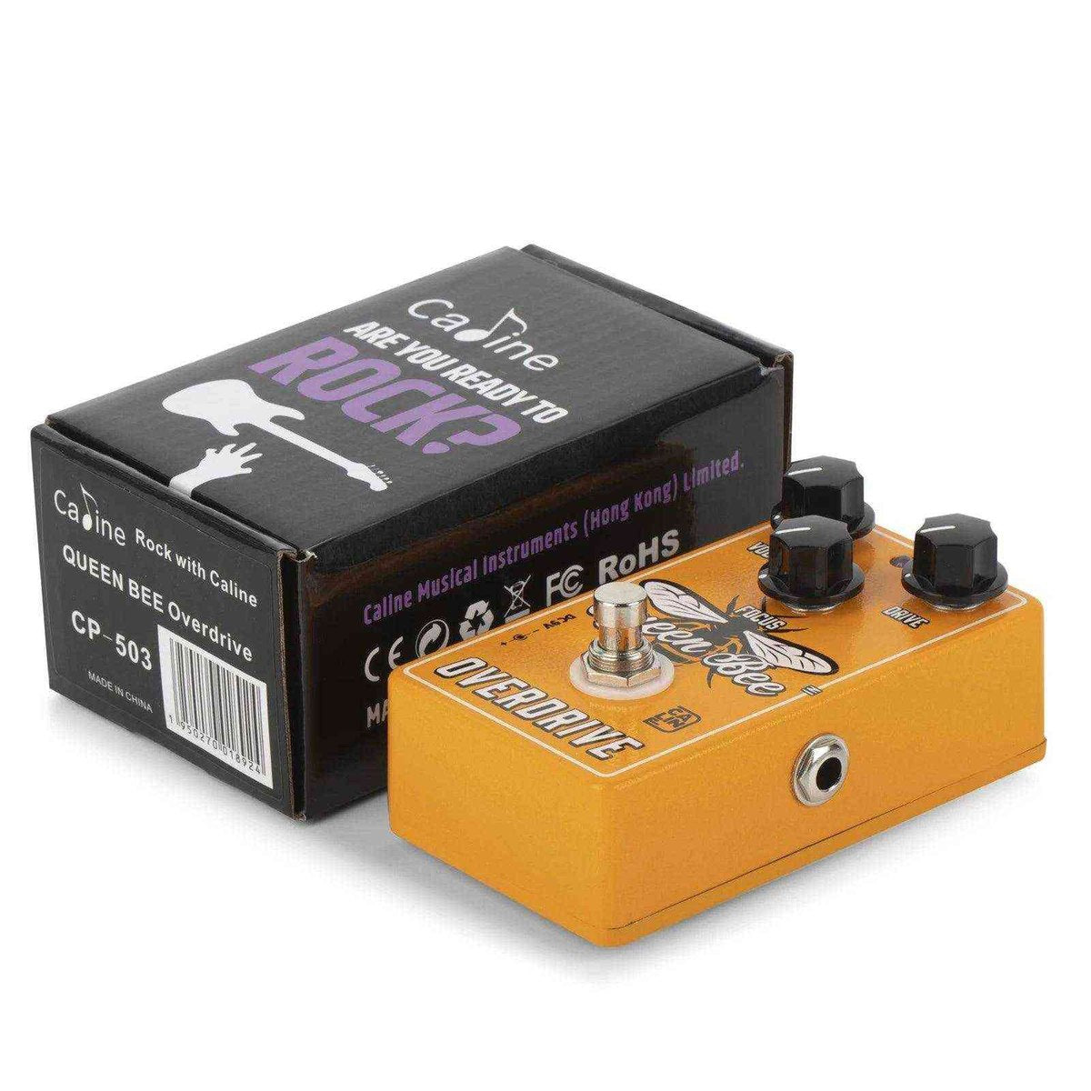 Caline CP-503 Queen Bee Overdrive pedal in vibrant yellow with black knobs, designed for dynamic organic sound. Perfect for blues and rock guitar tones.
