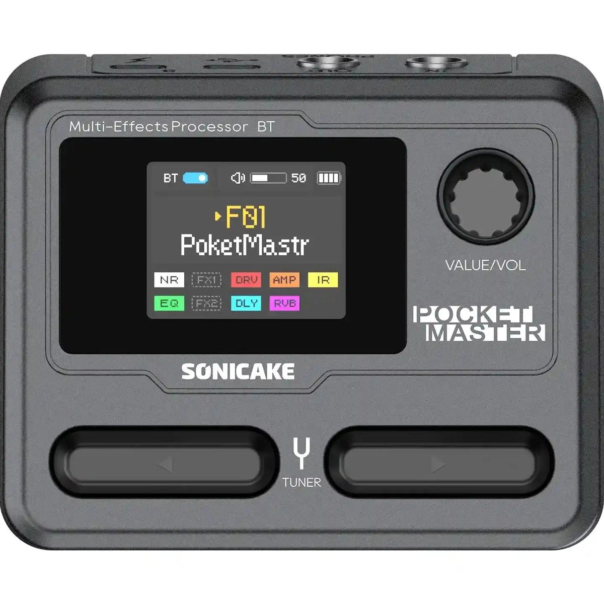 SONICAKE Pocket Master compact multi-effects pedal with 1.77-inch LCD screen, over 100 effects, amp models, and Bluetooth control.