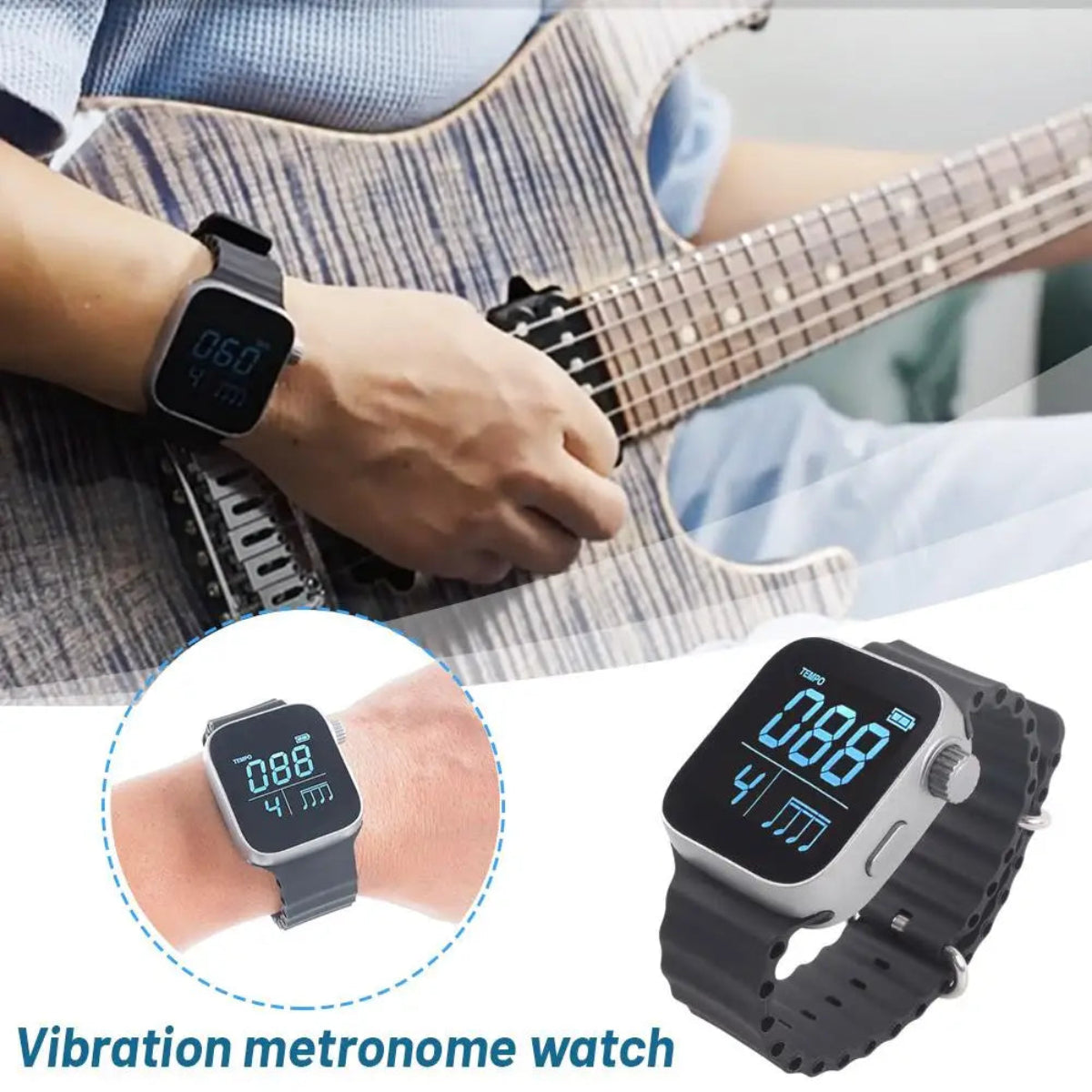 Wearable Vibrating Metronome Spor V5e2 shown on a guitarist's wrist, ideal for silent tempo control during music practice or live performance.