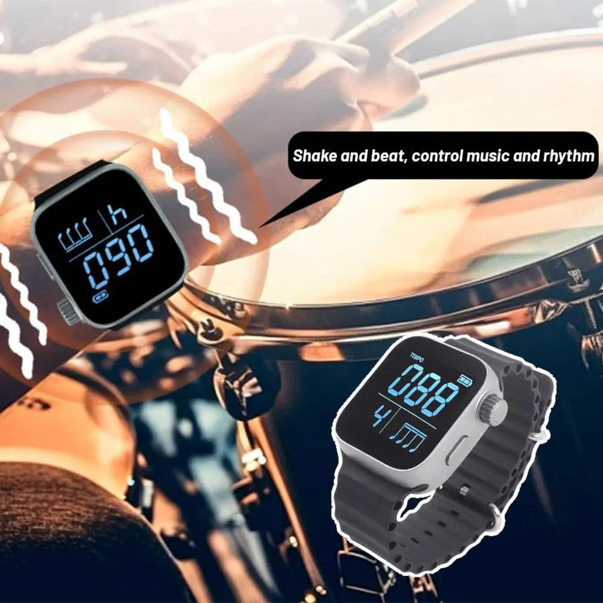 Wearable Vibrating Metronome Spor V5e2 with digital display and adjustable strap shown in use by drummer. Ideal for silent rhythm control and music practice.