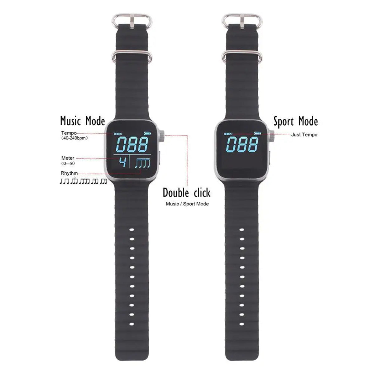 Wearable Vibrating Metronome Spor V5e2 in Music Mode displaying tempo, meter, and rhythm settings for precise music practice. Ideal for musicians and performers.