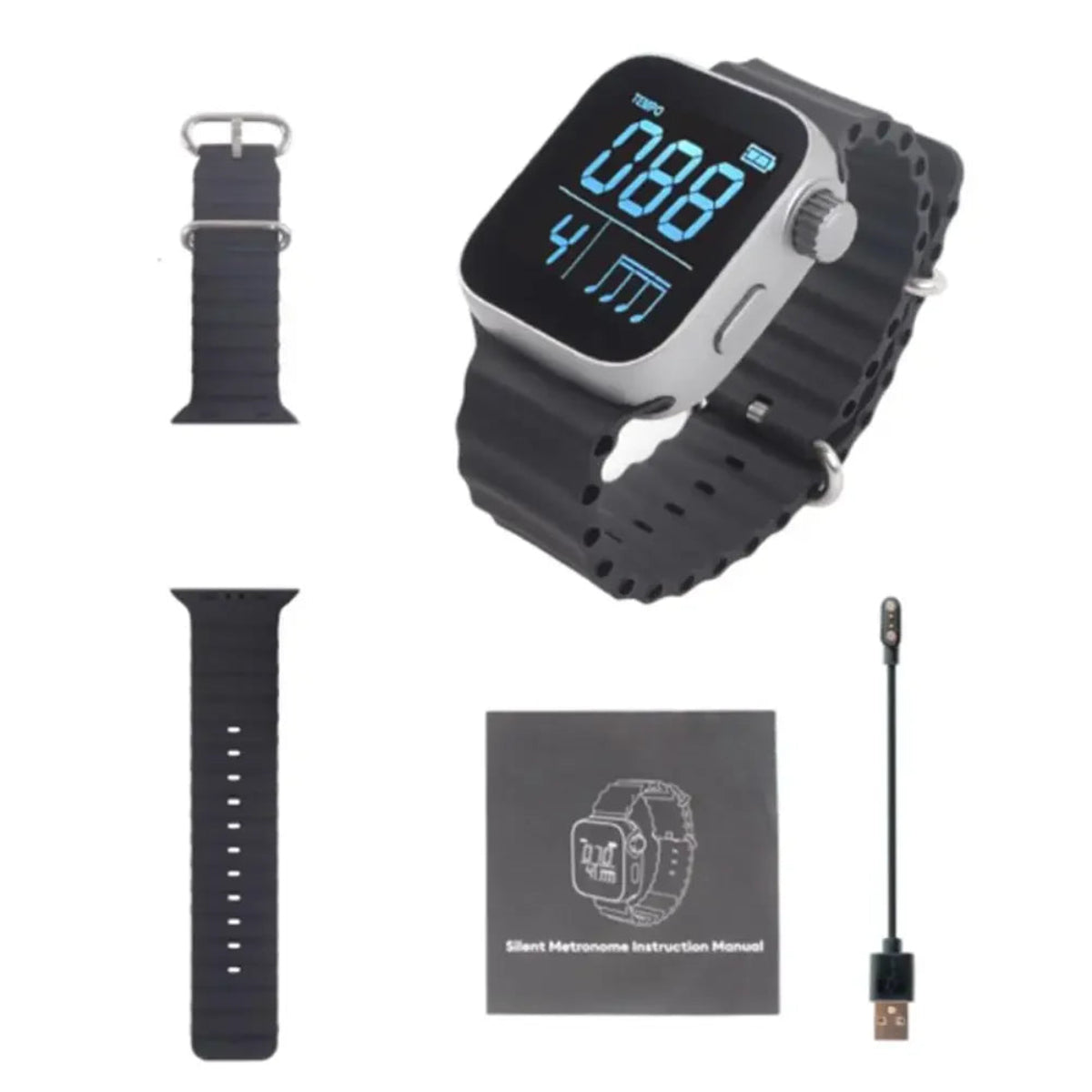 Wearable Vibrating Metronome Spor V5e2 with black silicone strap, digital display, USB magnetic charger, and instruction manual for precise rhythm control.