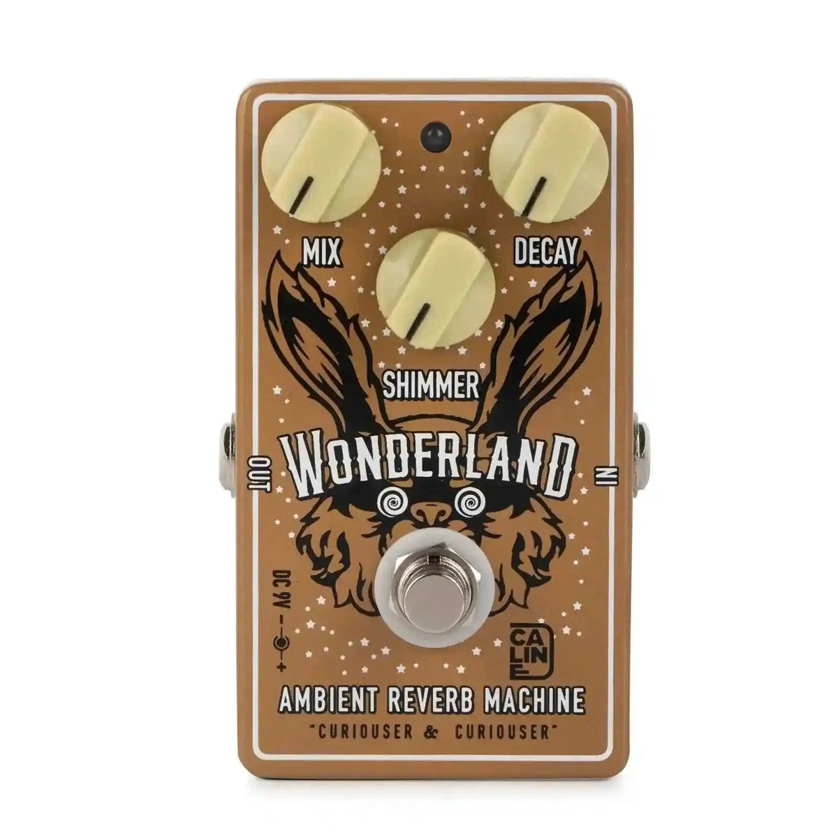 Caline CP-508 Wonderland Reverb/Shimmer pedal with a whimsical rabbit design. Features mix, decay, and shimmer controls for lush ambient tones.
