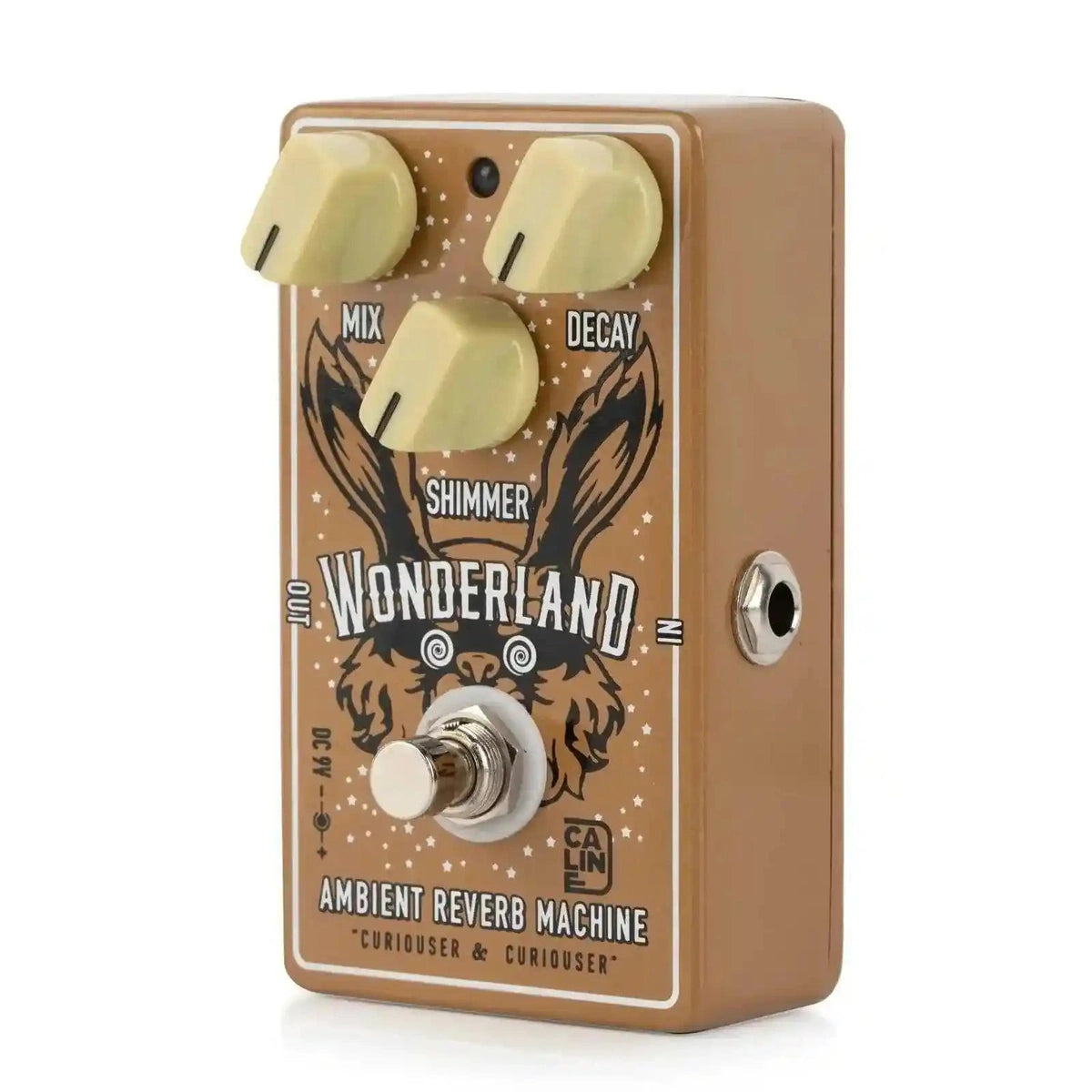 Caline CP-508 Wonderland Reverb/Shimmer pedal with a brown enclosure, featuring mix and decay knobs, a shimmer switch, and a footswitch for activation.