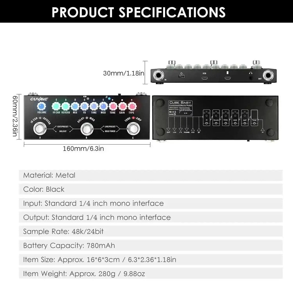 Cuvave - CUBE BABY / IR Cabinets Simulation / Chorus / Phaser / Reverb / Delay / Vibrato Pedal.